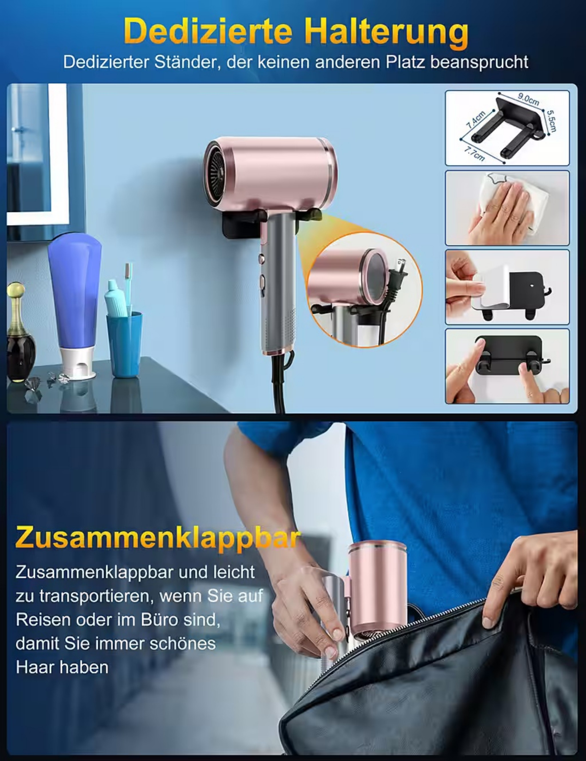 Ein roségoldener Haartrockner ist an einem Wandhalter befestigt. Unten wird er in eine Tasche gepackt.