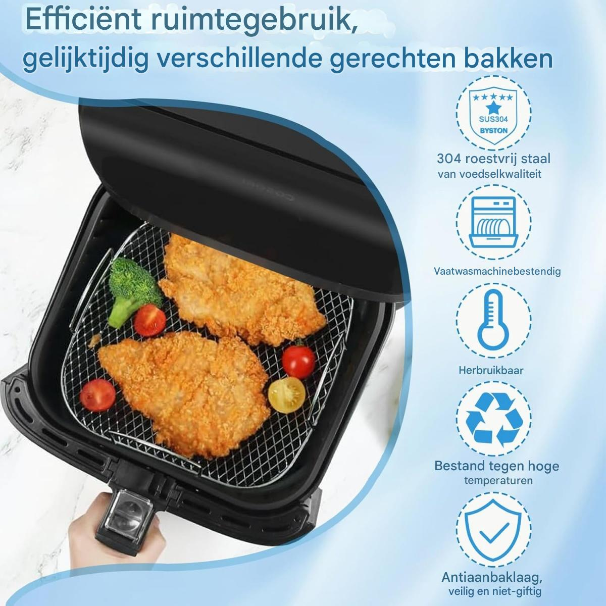 Ein Airfryer mit knusprigem Hähnchen, Brokkoli und Tomaten.