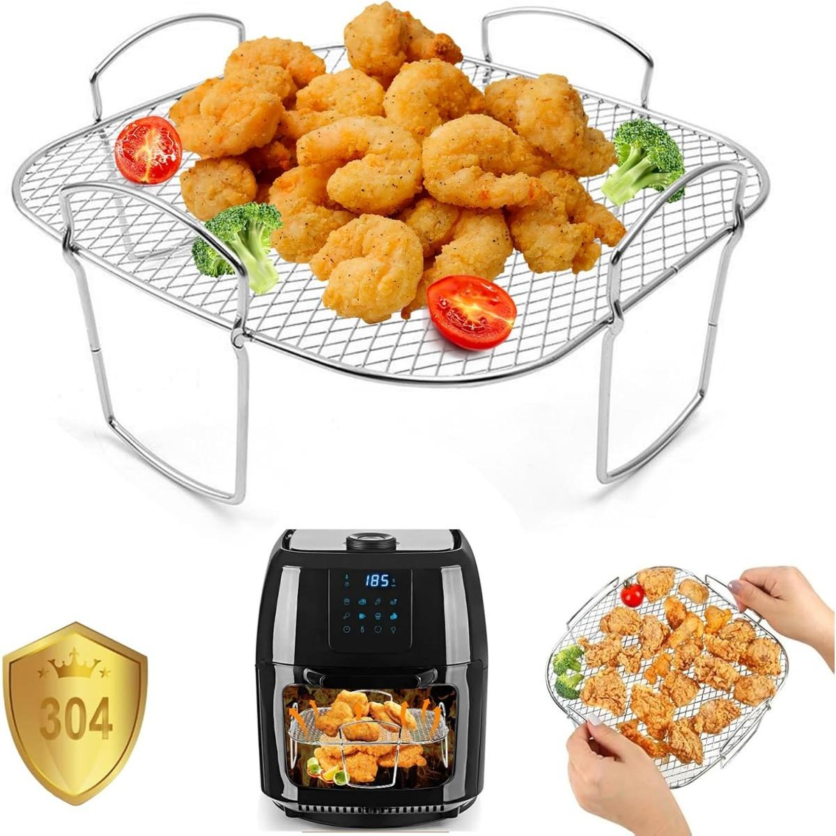 Ein Airfryer mit einem Rost voller knuspriger Garnelen, Brokkoli und Tomaten.