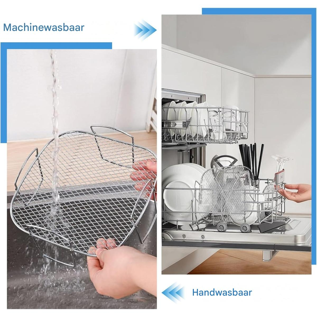 Ein Gitterkorb wird unter fließendem Wasser gehalten, daneben ein offener Geschirrspüler mit Geschirr.