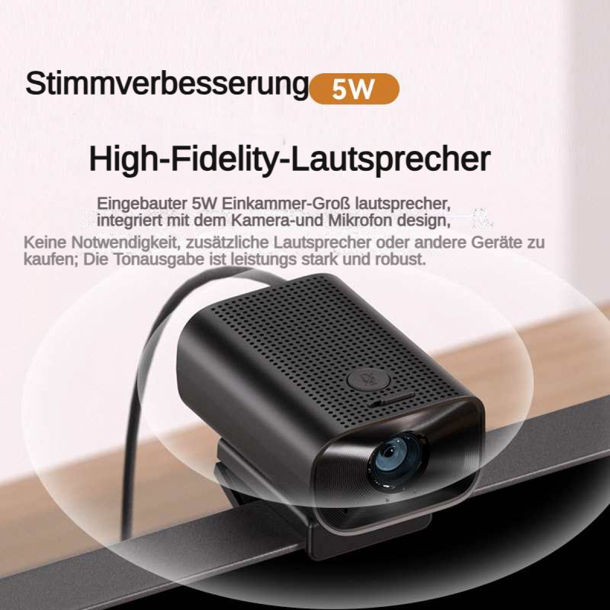 Schwarzer Lautsprecher mit 5W Leistung, integriert mit Kamera und Mikrofon.