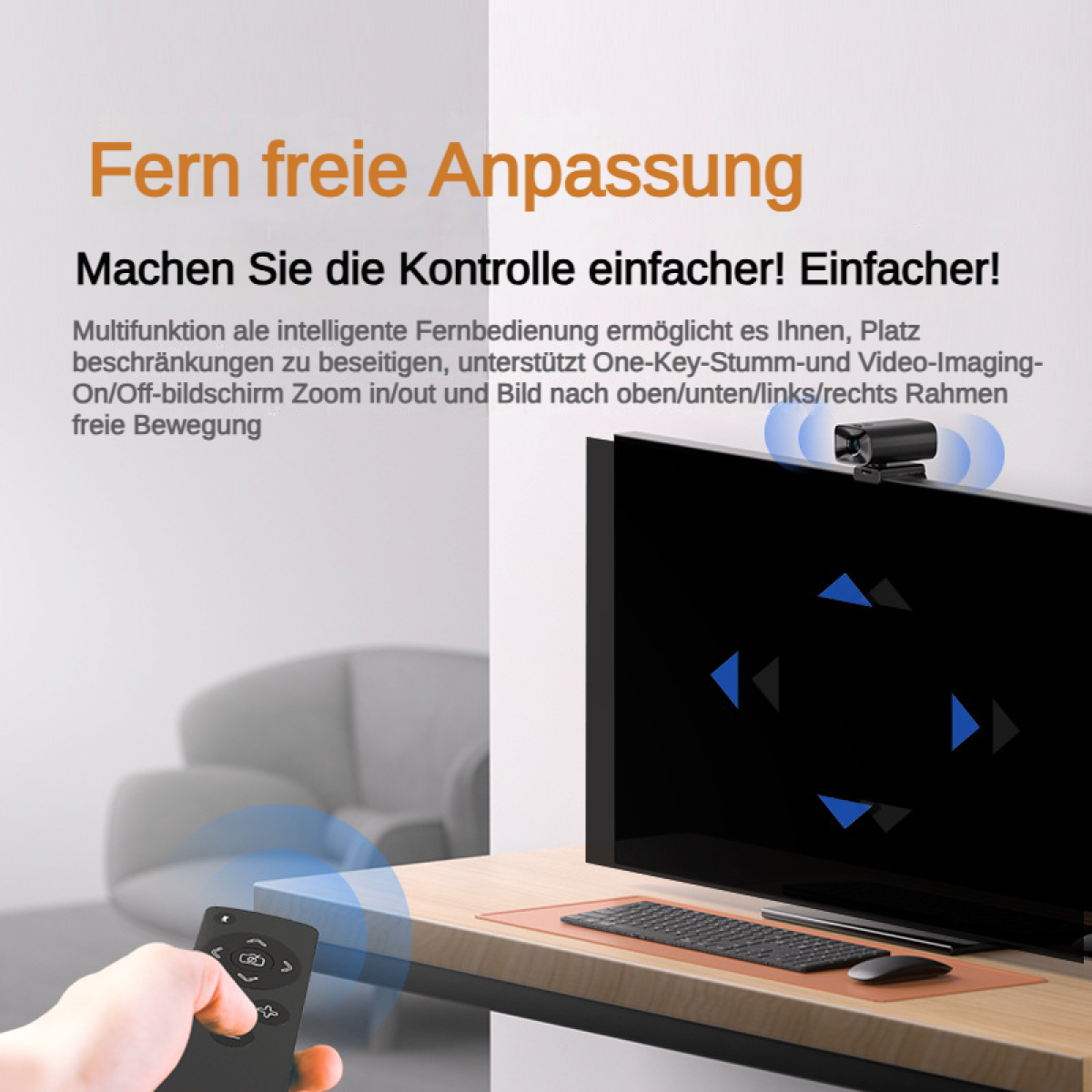 Fernbedienung mit Maus und Tastatur vor einem Monitor, der Pfeile anzeigt.