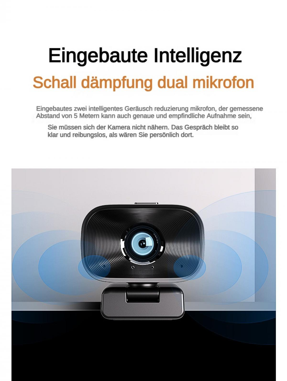 Eine schwarze Webcam mit dualen Mikrofonen und blauen Schallwellen.