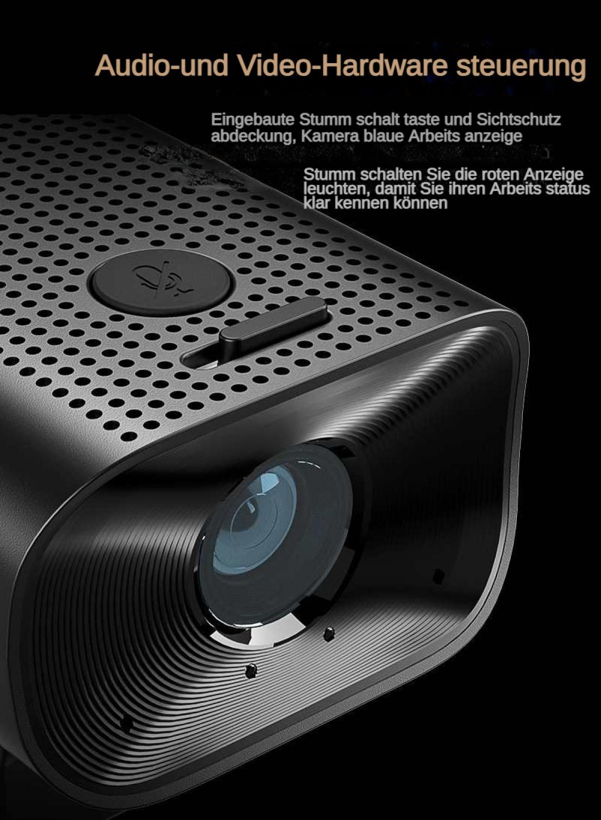 Schwarzer Projektor mit Linse und Knöpfen. Titel: Audio- und Video-Hardwaresteuerung.