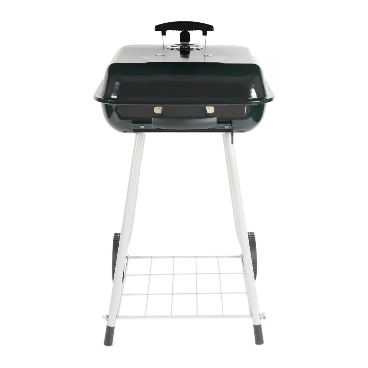 Ein schwarzer Grill mit Deckel, Griff und Rädern auf weißem Hintergrund.