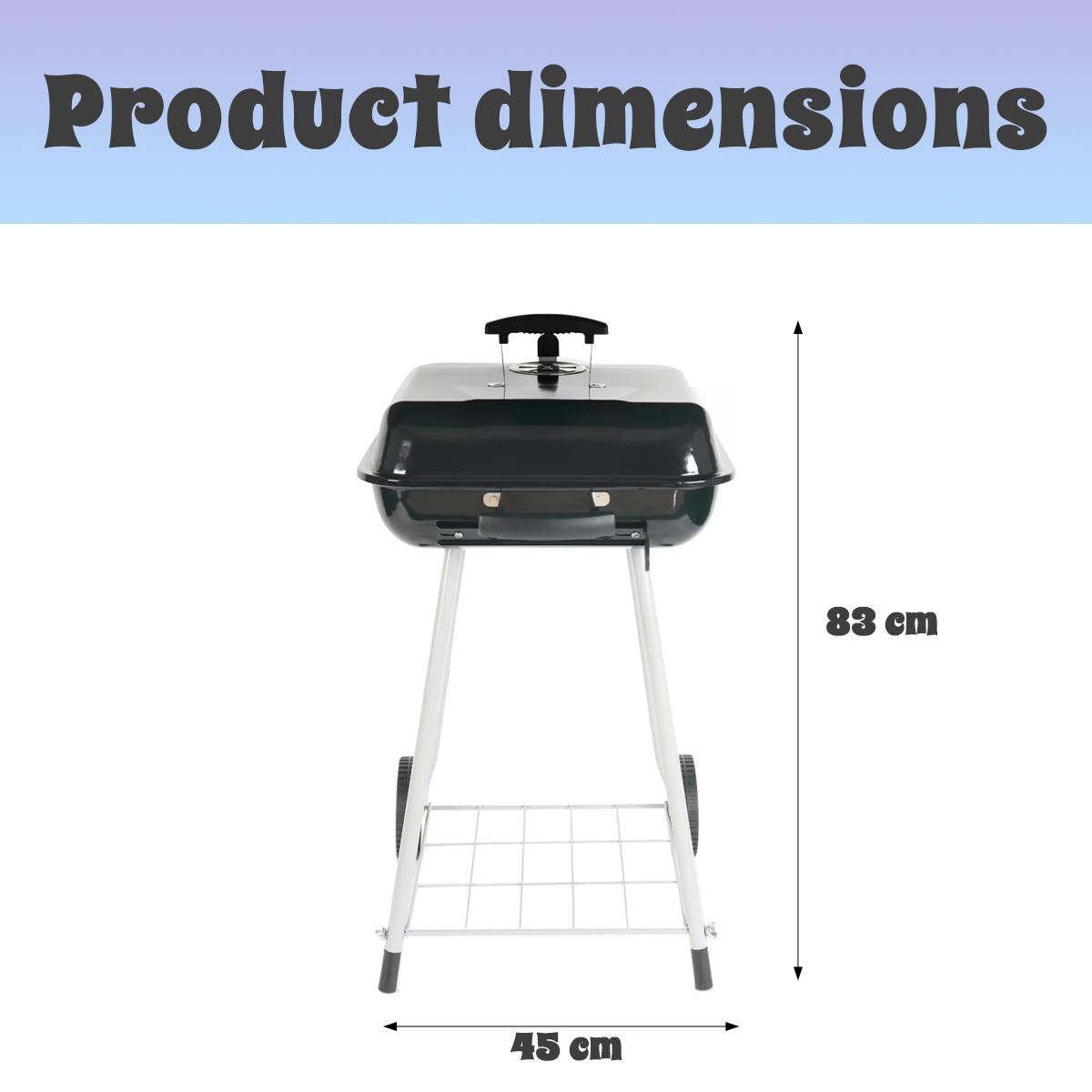 Schwarzer Grill auf Rädern mit Maßen 83x45 cm, auf weißem Hintergrund.
