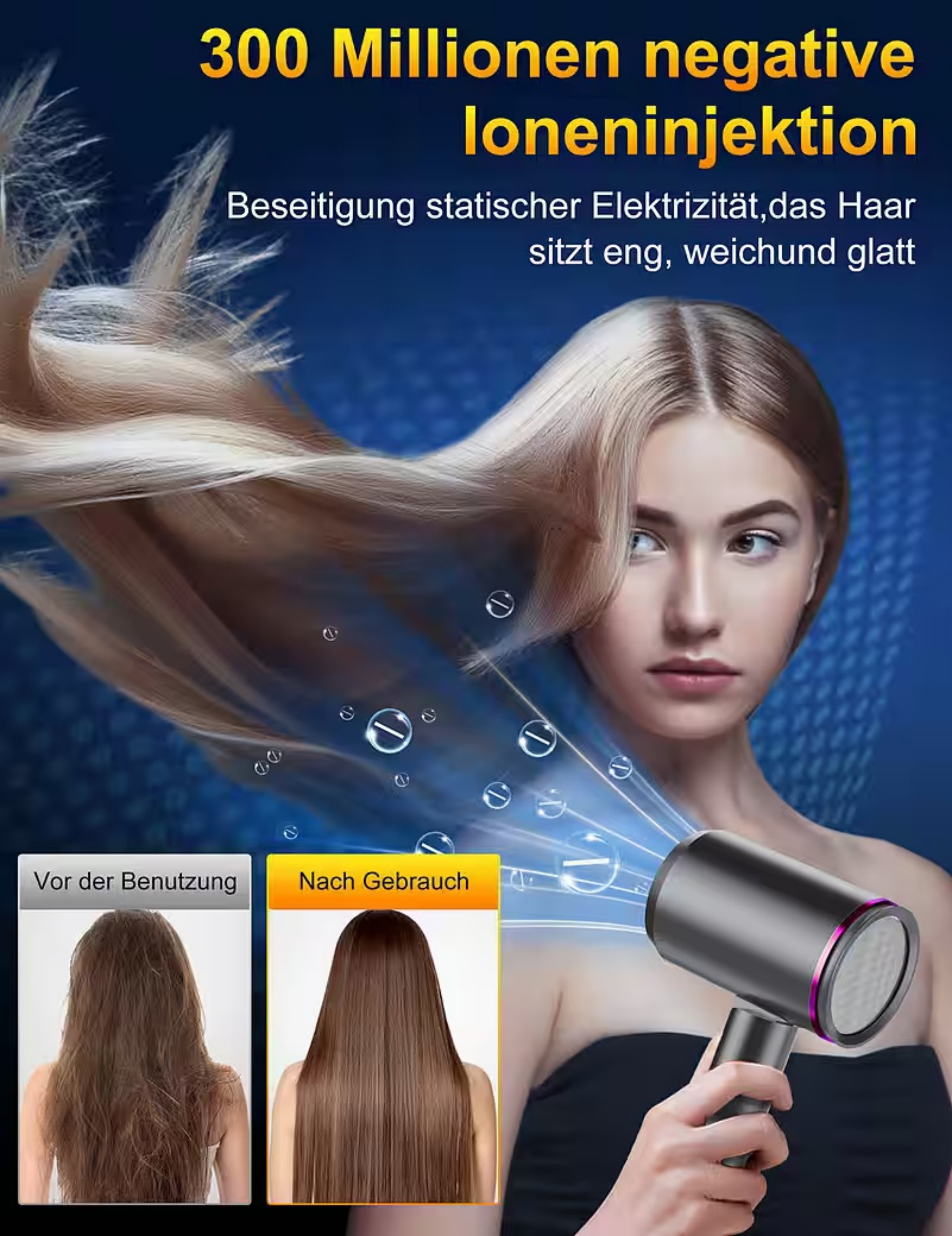 Frau mit glänzendem Haar, föhnt ihr Haar, vor und nach Vergleich.