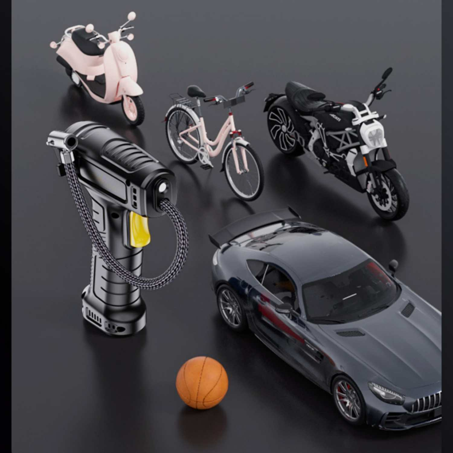 Spielzeug: Auto, Motorrad, Roller, Fahrrad, Ball und Reifenfüller.