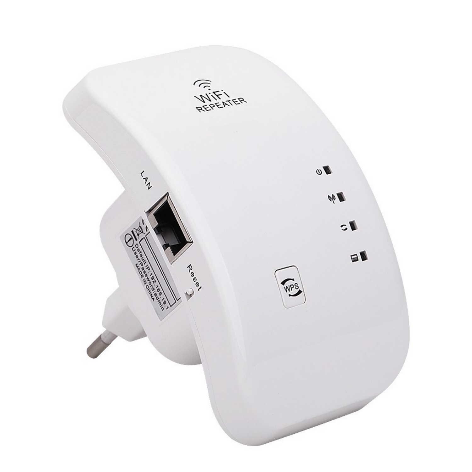 Weißer WLAN-Repeater mit LAN-Anschluss, Reset-Taste und WPS-Knopf.