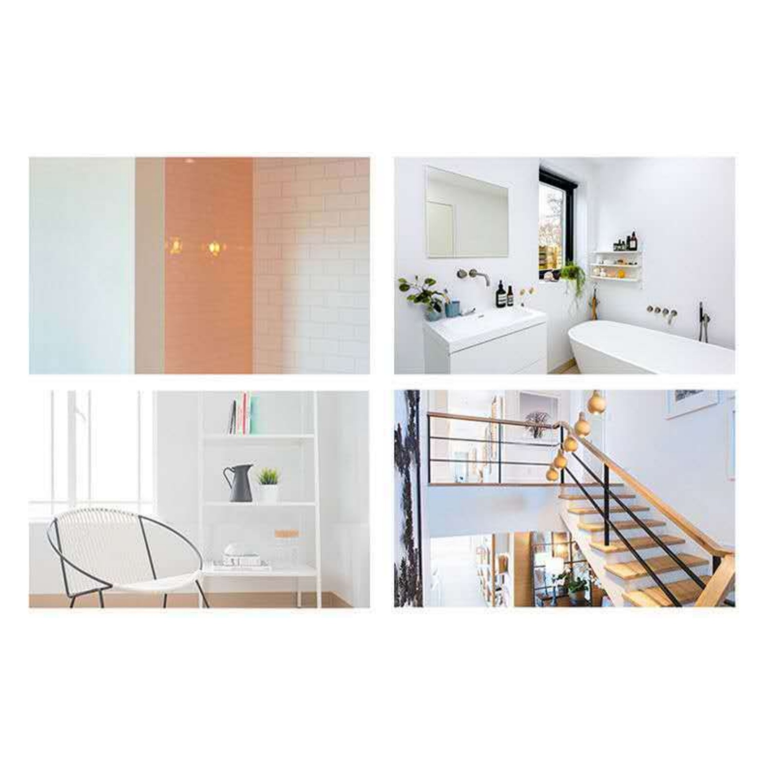 Vier Bilder von Innenräumen: Dusche, Bad, Wohnzimmer mit Sessel und Treppenhaus.