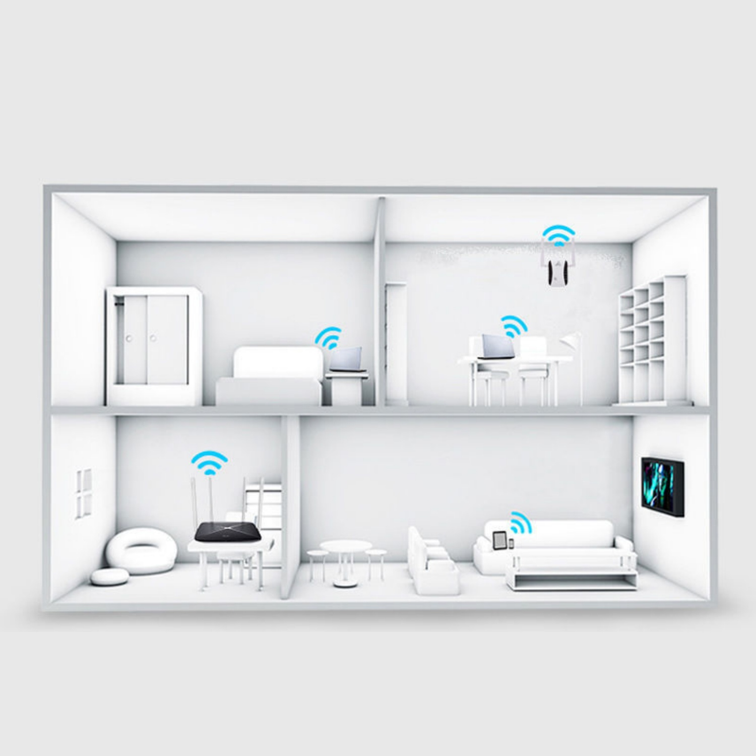 Ein 3D-Schnitt eines Hauses mit WLAN-Symbolen.