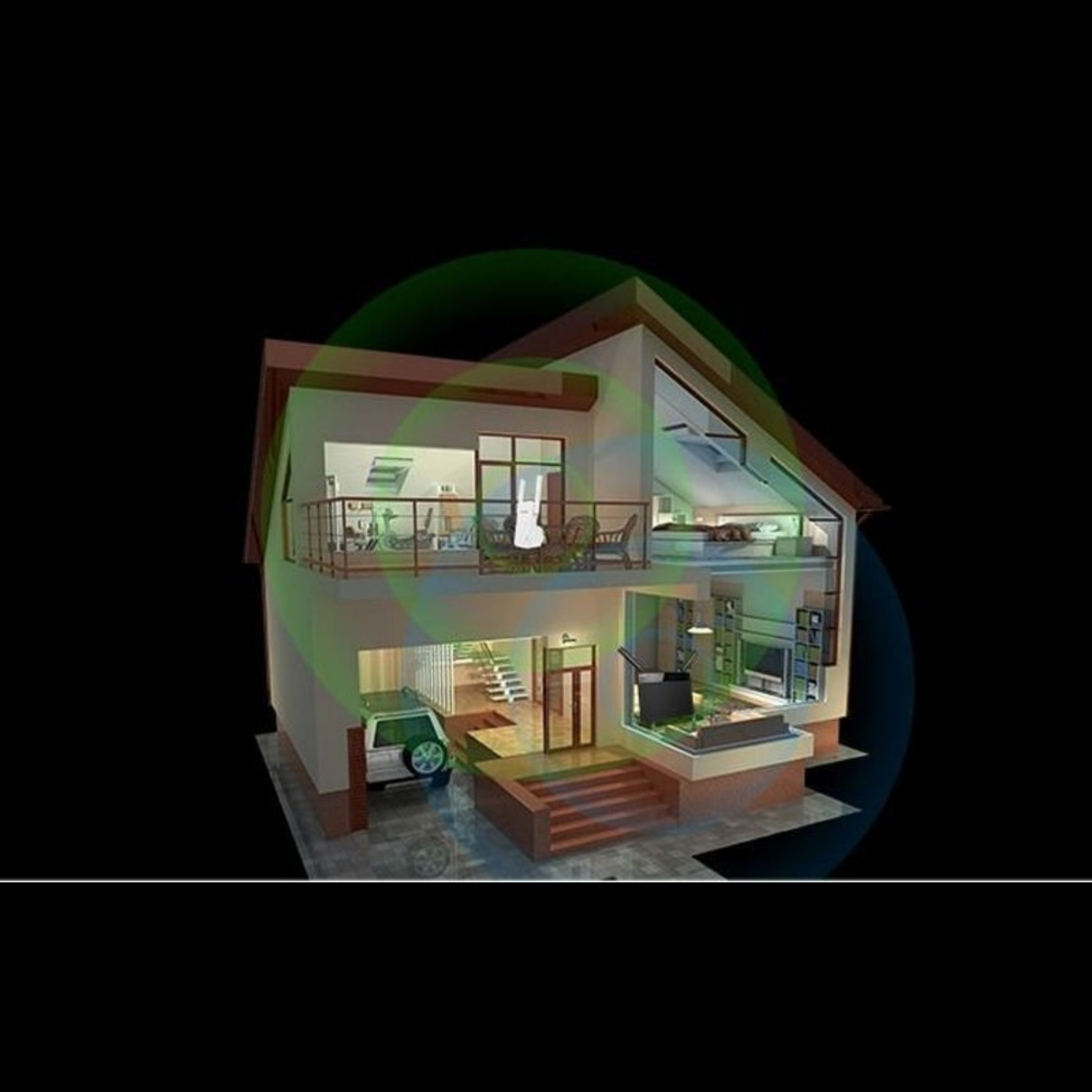Schnittansicht eines modernen Hauses mit Auto in Garage und möbliertem Inneren.