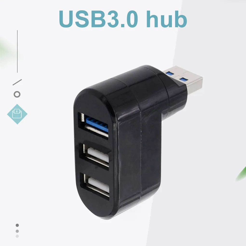 Schwarzer USB 3.0 Hub mit drei Anschlüssen und einem Winkelstecker.