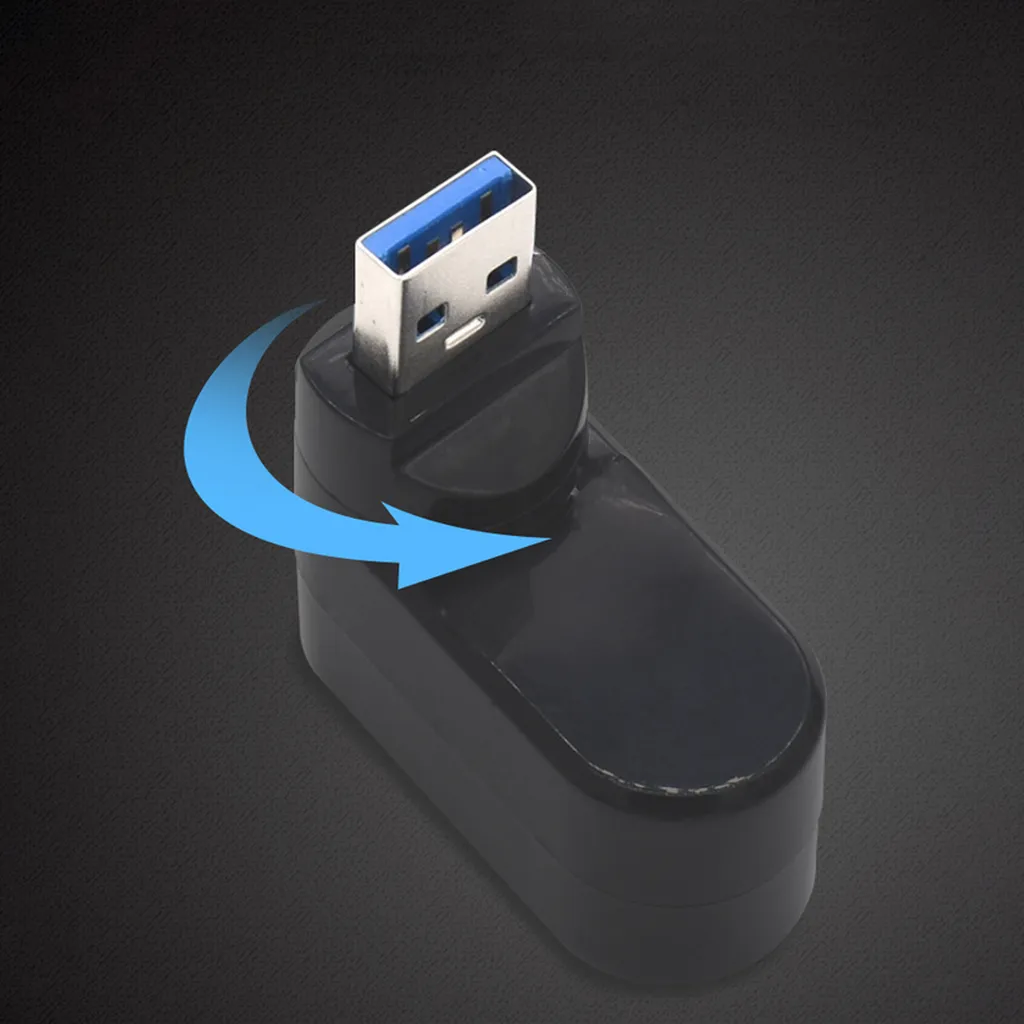 Ein schwarzer USB-Adapter mit blauem Pfeil, der eine Drehbewegung anzeigt.