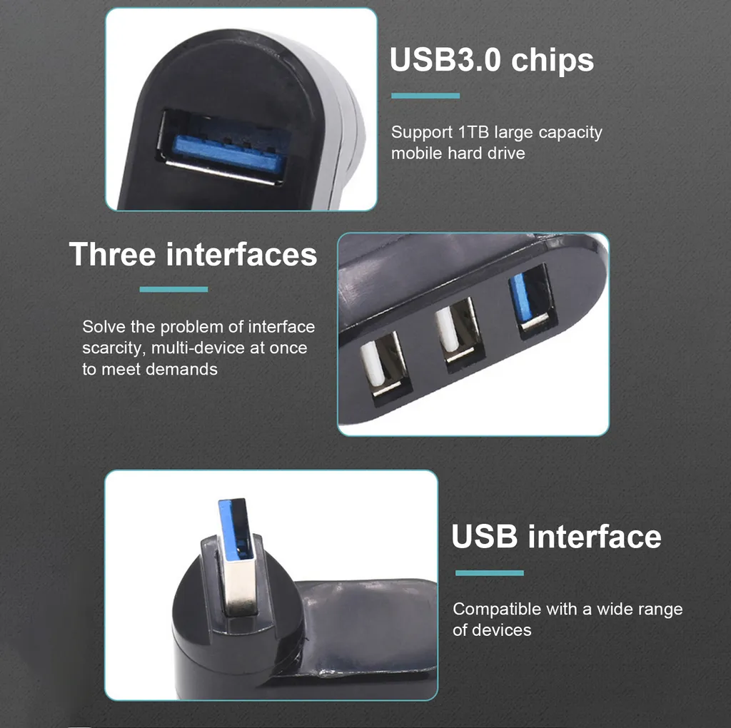 USB-Hub mit drei Anschlüssen, USB 3.0, für Festplatten und Geräte.