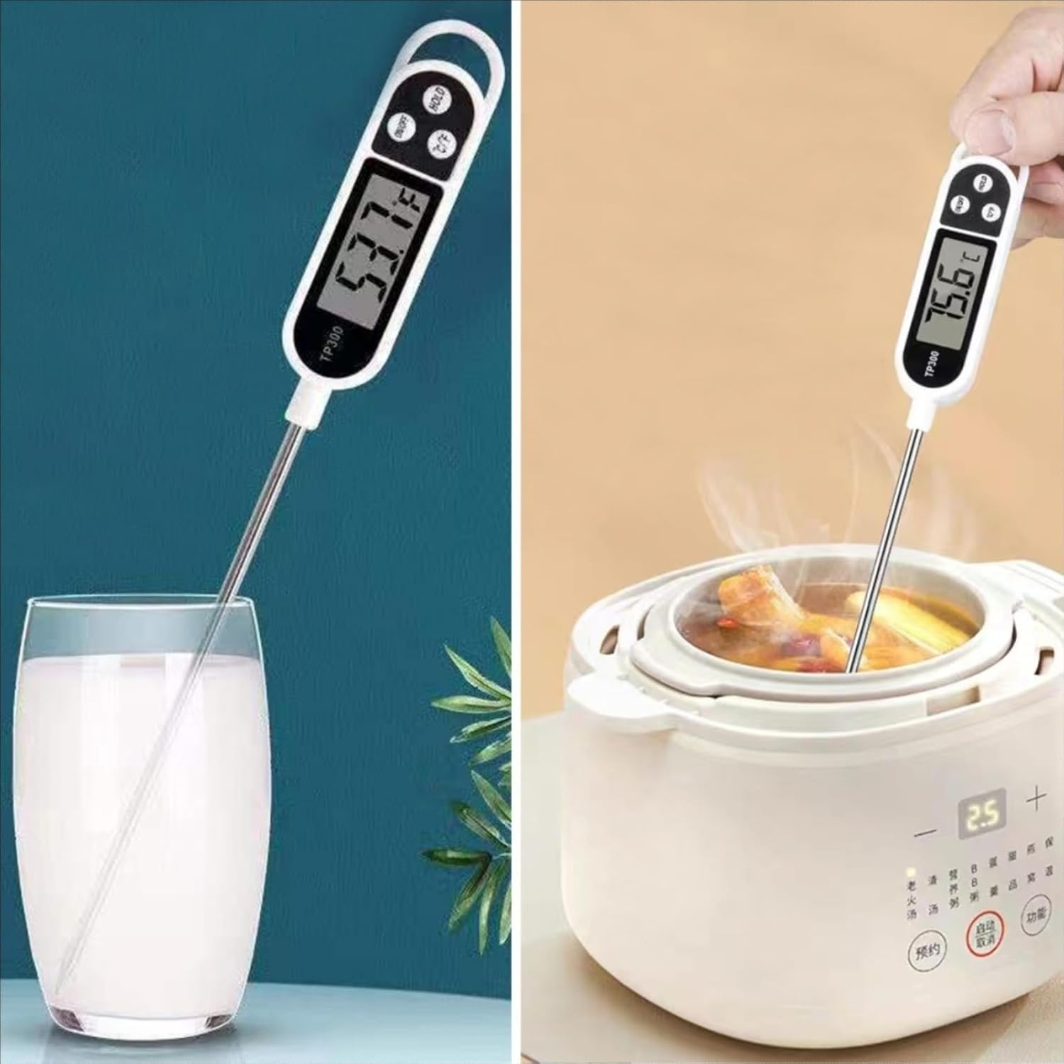 Ein digitales Thermometer misst Milch in einem Glas und eine Suppe in einem Kochtopf.