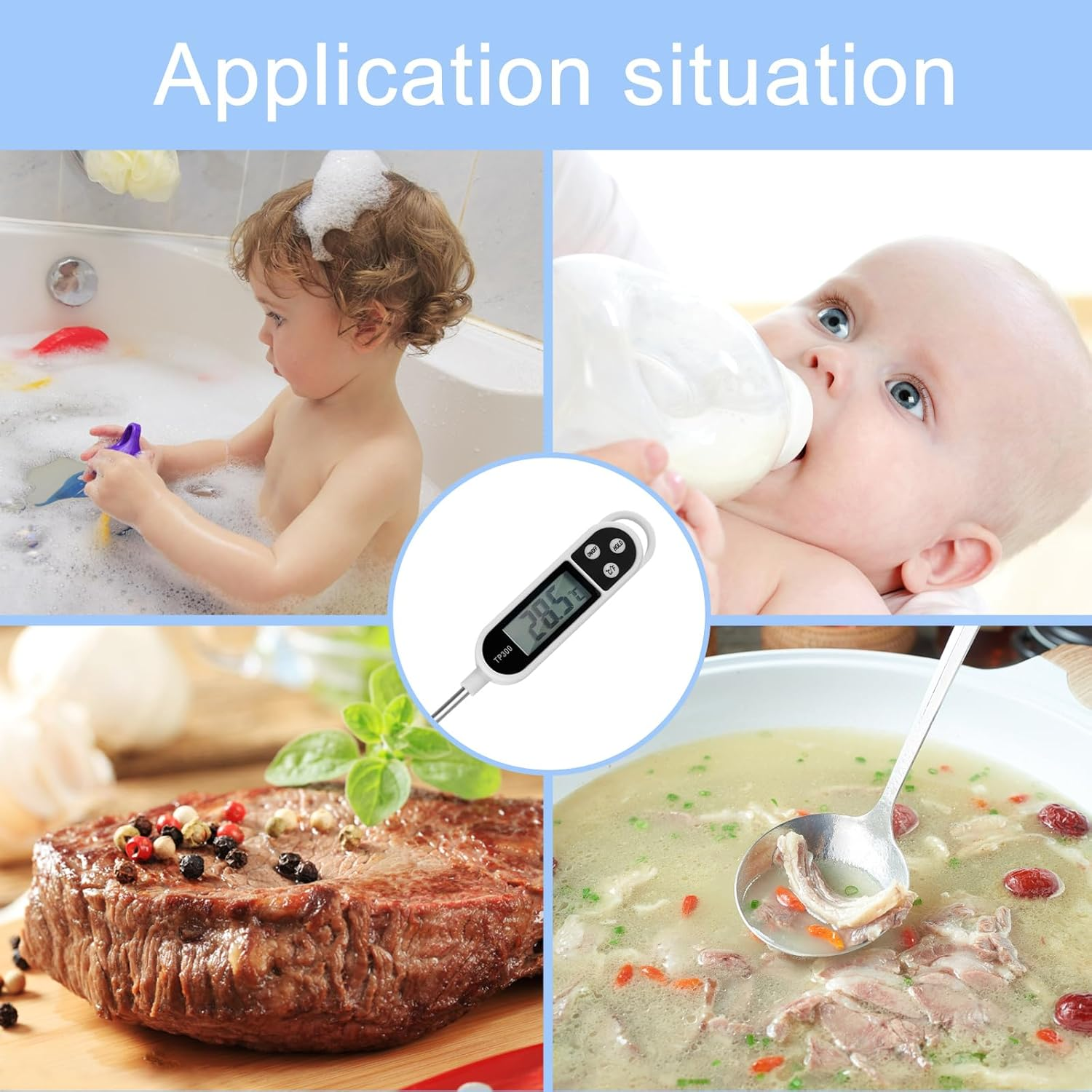 Baby in Badewanne, Baby trinkt, Thermometer, Steak, Suppe.