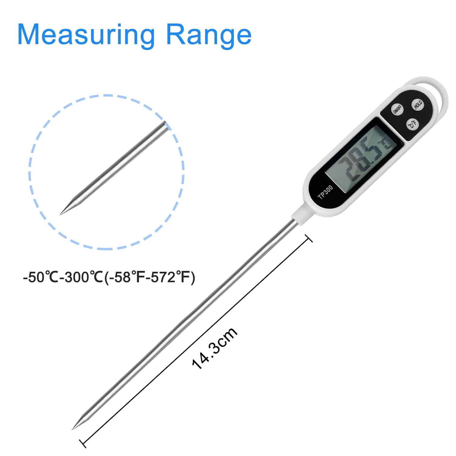 Ein digitales Thermometer mit LCD-Anzeige, das 28,5°C anzeigt.