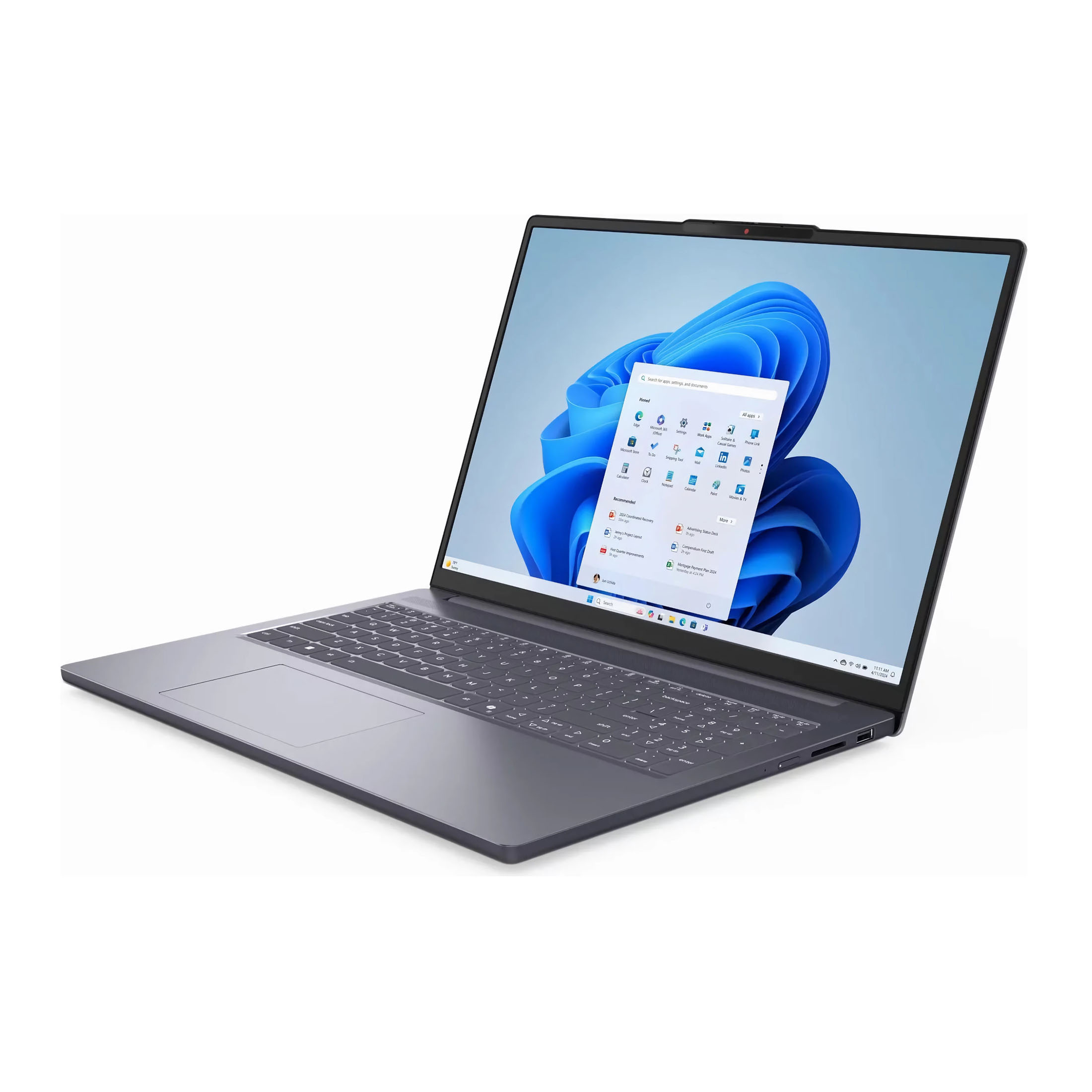 Ein graues Laptop mit einem geöffneten Startmenü von Windows 11.