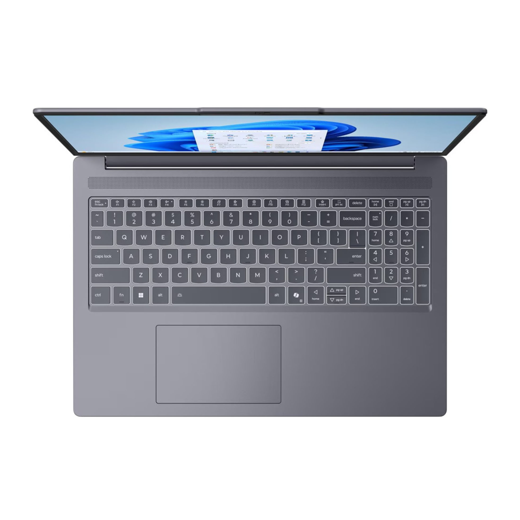 Grauer Laptop mit geöffnetem Bildschirm, Tastatur und Touchpad.