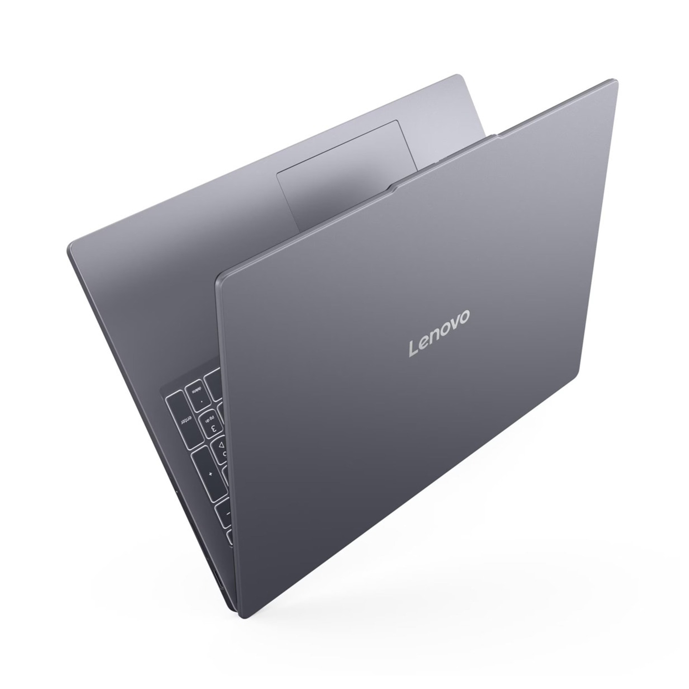 Grauer Lenovo Laptop mit Tastatur und Touchpad, auf weißem Hintergrund.