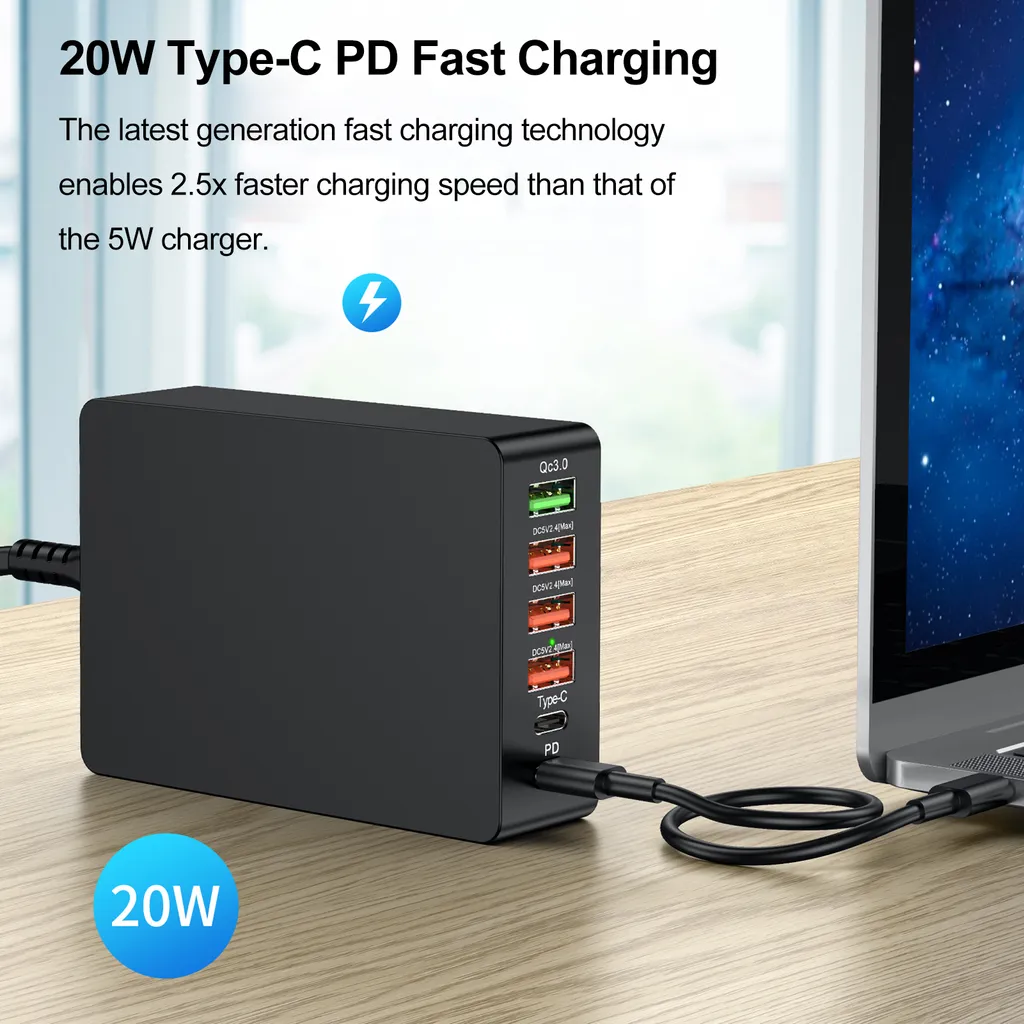 Ein schwarzes 20W PD-Schnellladegerät mit mehreren Anschlüssen, das an einen Laptop angeschlossen ist.