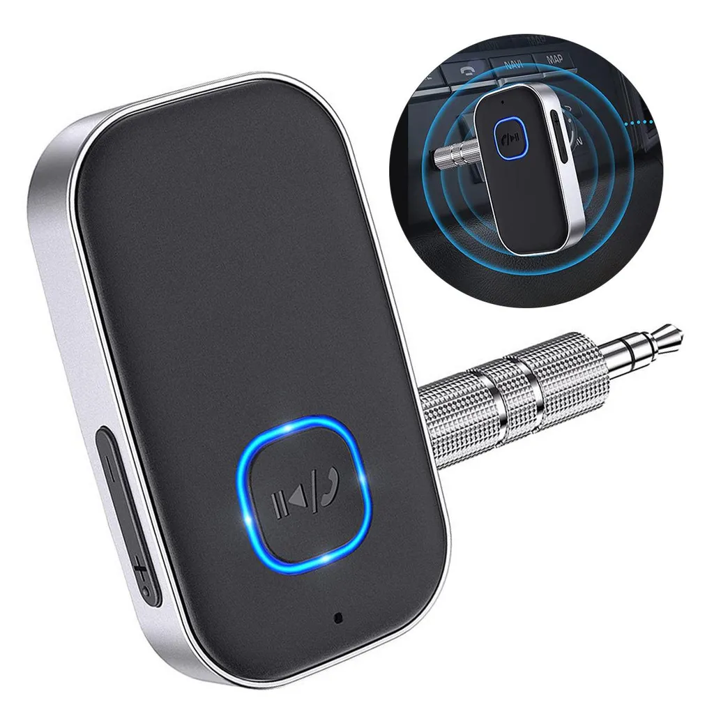 Schwarzer Bluetooth-Empfänger mit Aux-Stecker und blauer Leuchtanzeige.