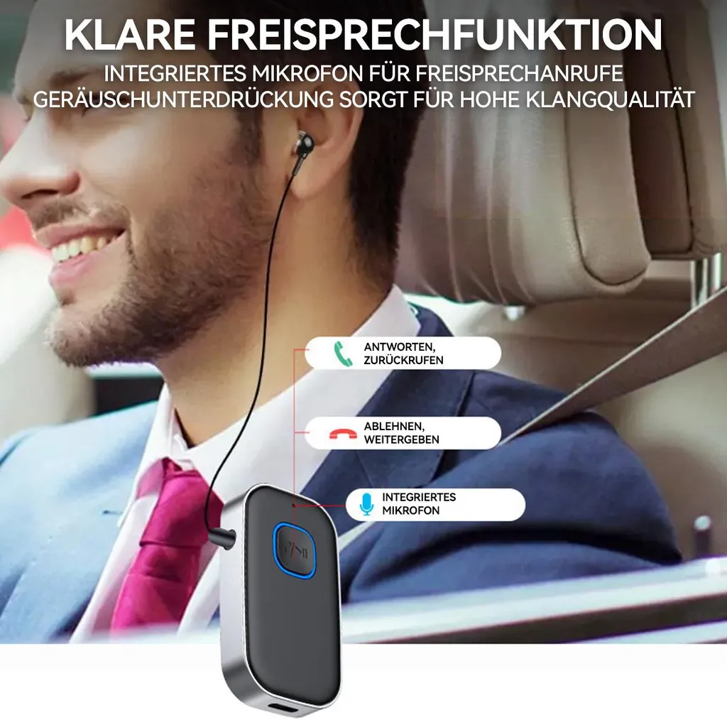 Mann im Auto mit Headset und Freisprecheinrichtung-Modul. Optionen: Annehmen, Ablehnen, Mikrofon.