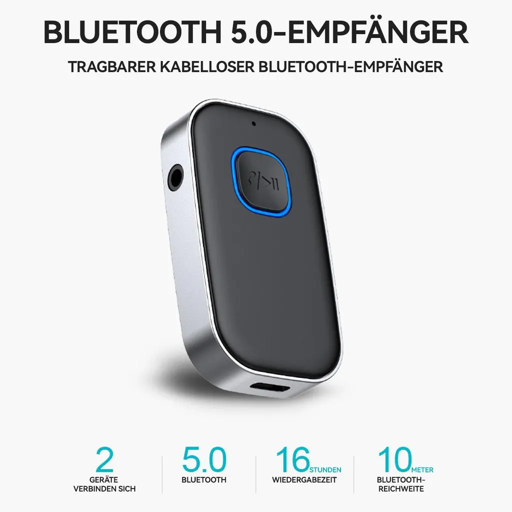 Ein kleiner schwarzer und silberner Bluetooth 5.0 Empfänger mit blauem Knopf.
