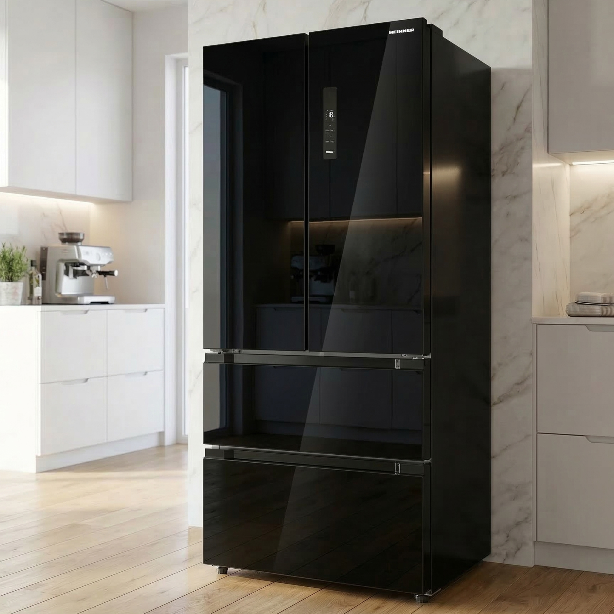 Een zwarte koelkast met touchscreen in een moderne keuken.