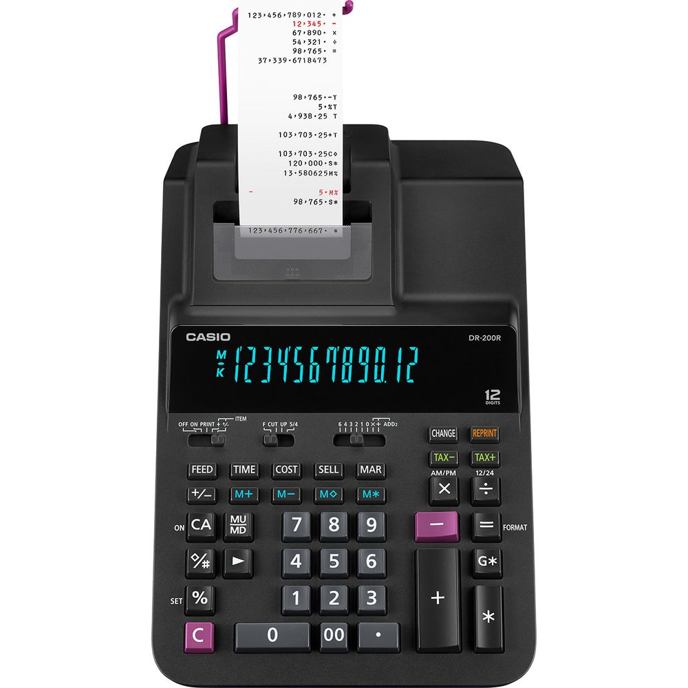 Schwarzer Casio-Taschenrechner mit Druckfunktion und Papierstreifen.