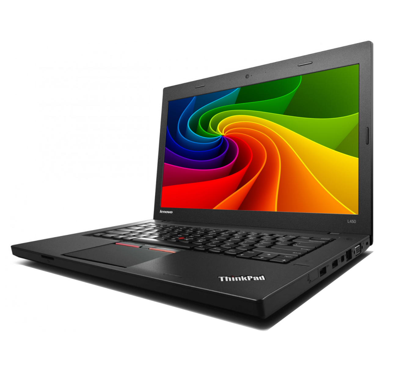 Schwarzer Lenovo ThinkPad Laptop mit buntem Wirbel-Hintergrundbild.
