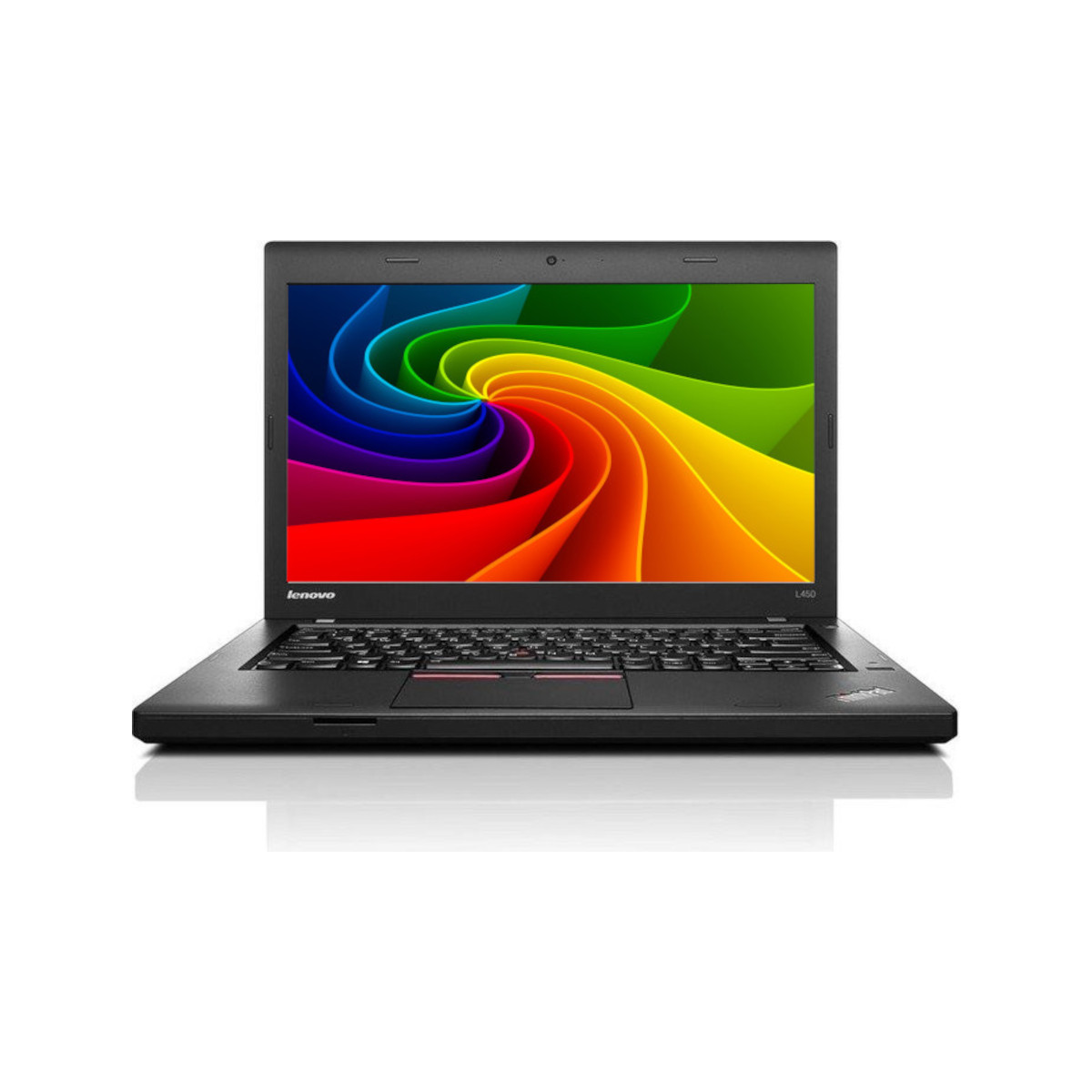 Ein schwarzer Lenovo Laptop mit einem bunten, spiralförmigen Hintergrund auf dem Bildschirm.
