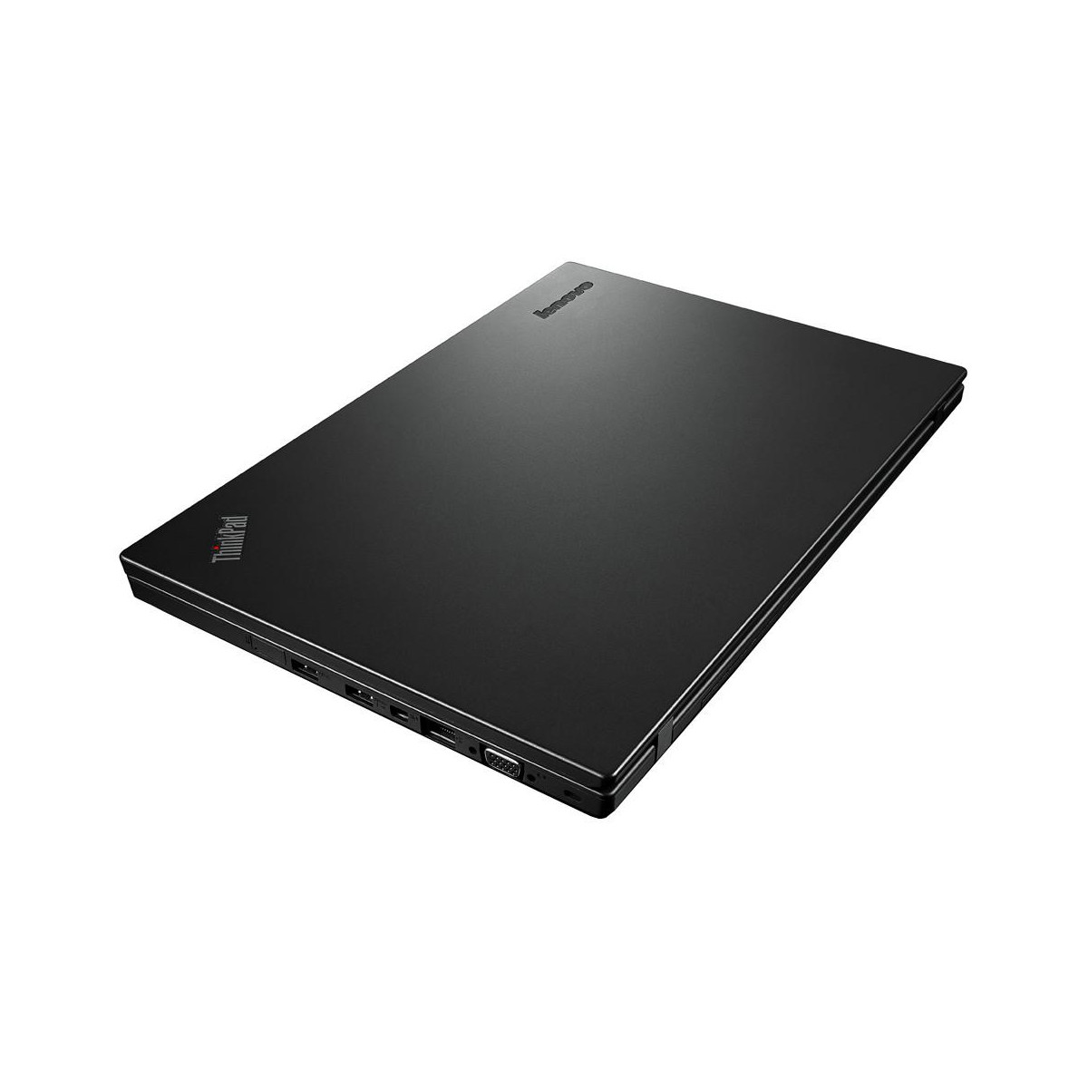 Geschlossener schwarzer Lenovo ThinkPad Laptop auf weißem Hintergrund.
