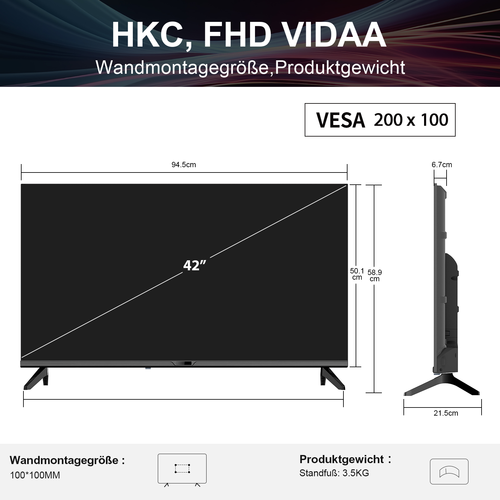 A 42-inch TV, 94.5cm wide, 50.1cm high, VESA 200x100 mount.