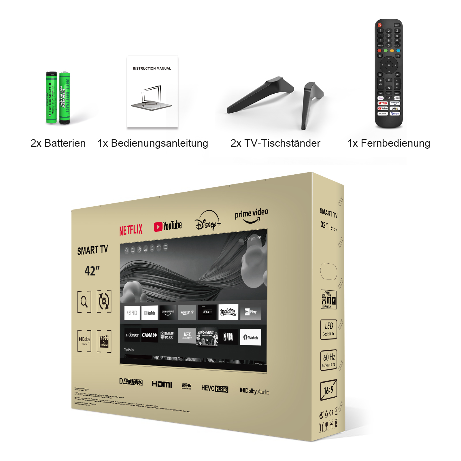 Smart TV 42 inch on cardboard box with accessories: batteries, manual, stands, remote.