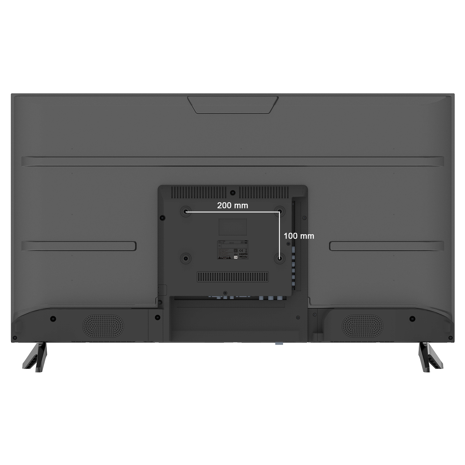 Back of a black television showing ports and measurements of 200mm and 100mm.