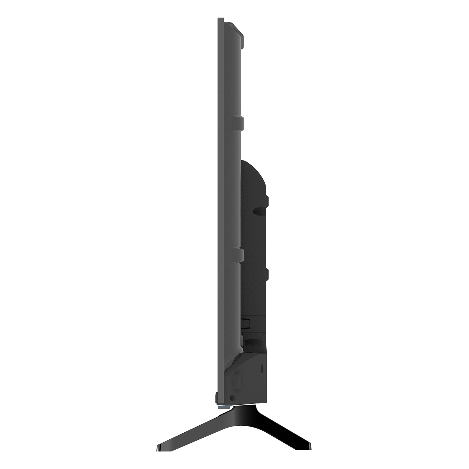 A black television with a slim bezel and stand, viewed from the side.