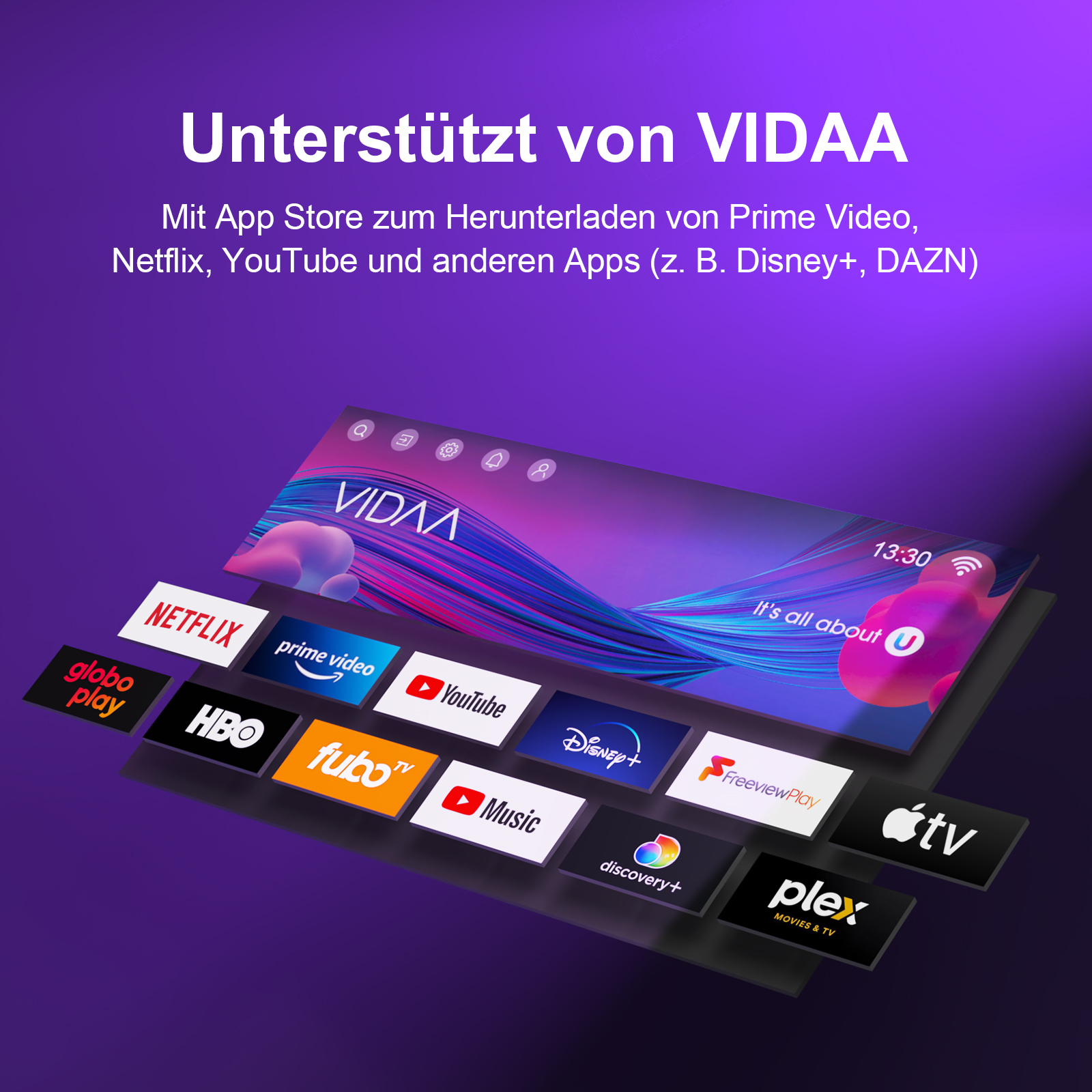 VIDAA TV-Oberfläche mit App-Logos wie Netflix, YouTube, HBO.