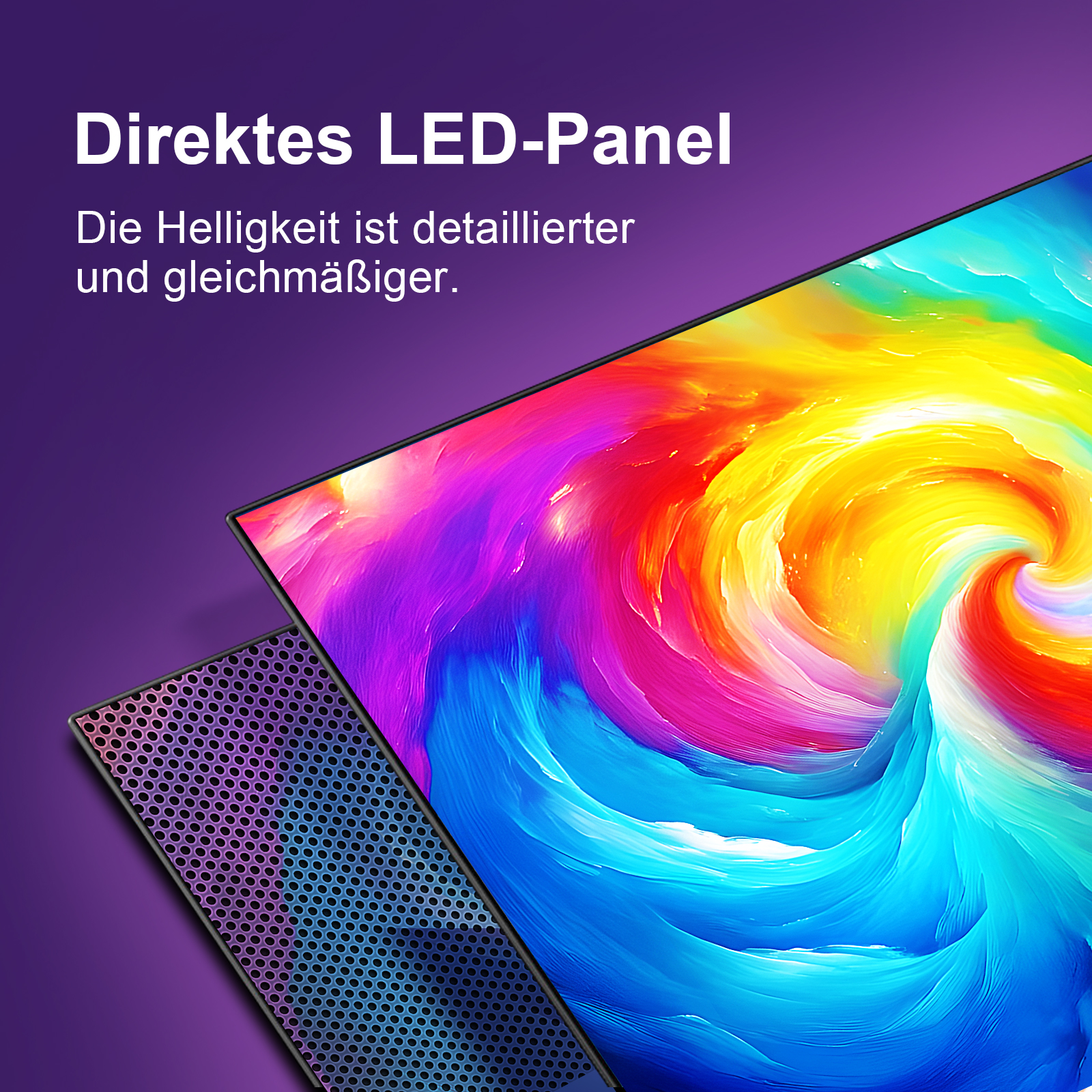 A screen displaying a colorful swirl pattern above a perforated grid.