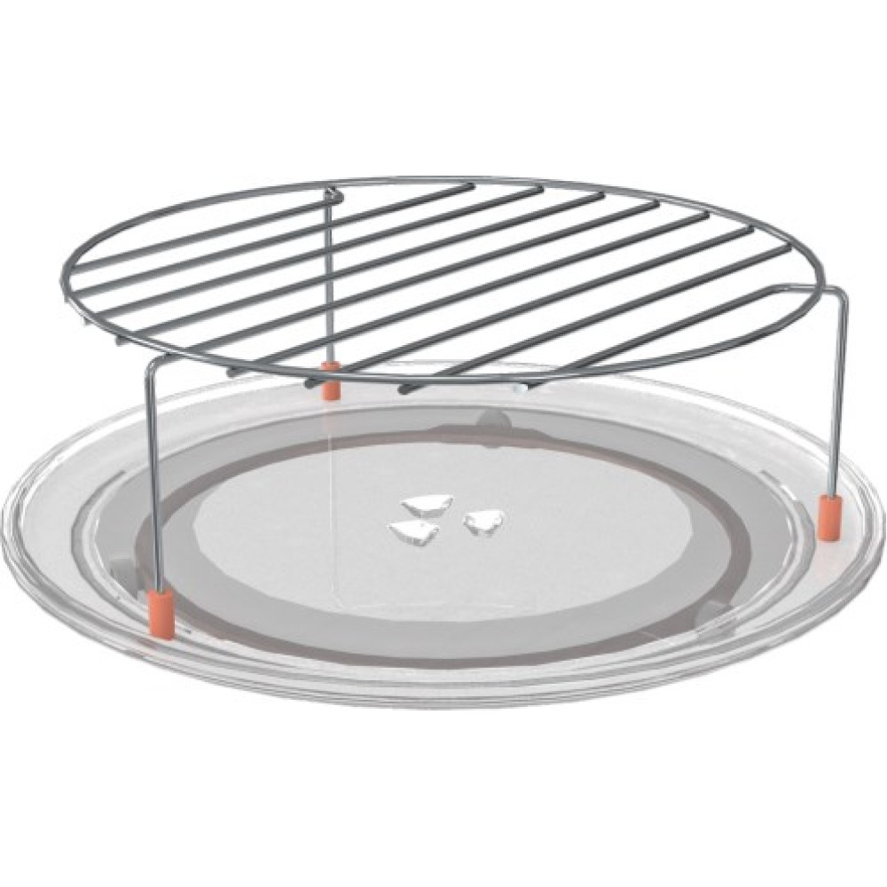 Okrągły metalowy ruszt stoi na szklanym talerzu obrotowym.