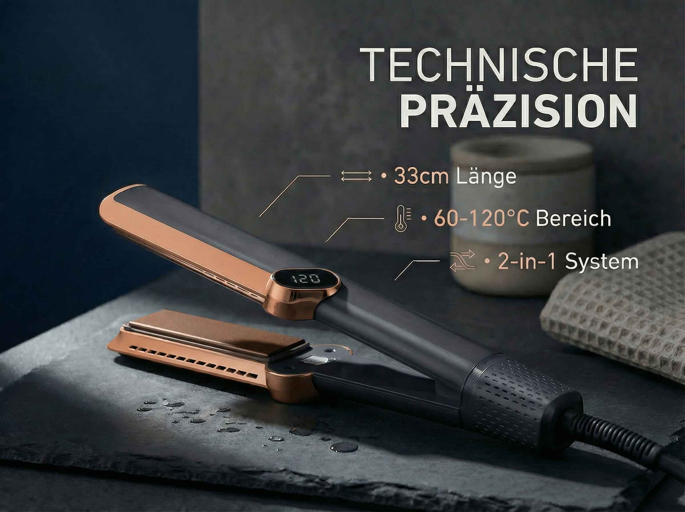 Ein schwarzer und roségoldener Glätteisen mit digitaler Anzeige liegt auf nassem Stein.