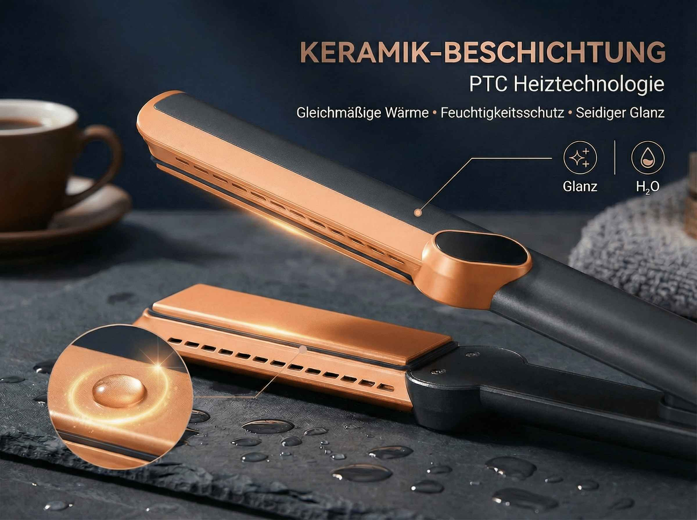 Ein bronzener und schwarzer Glätteisen mit Keramikbeschichtung und Wassertropfen.