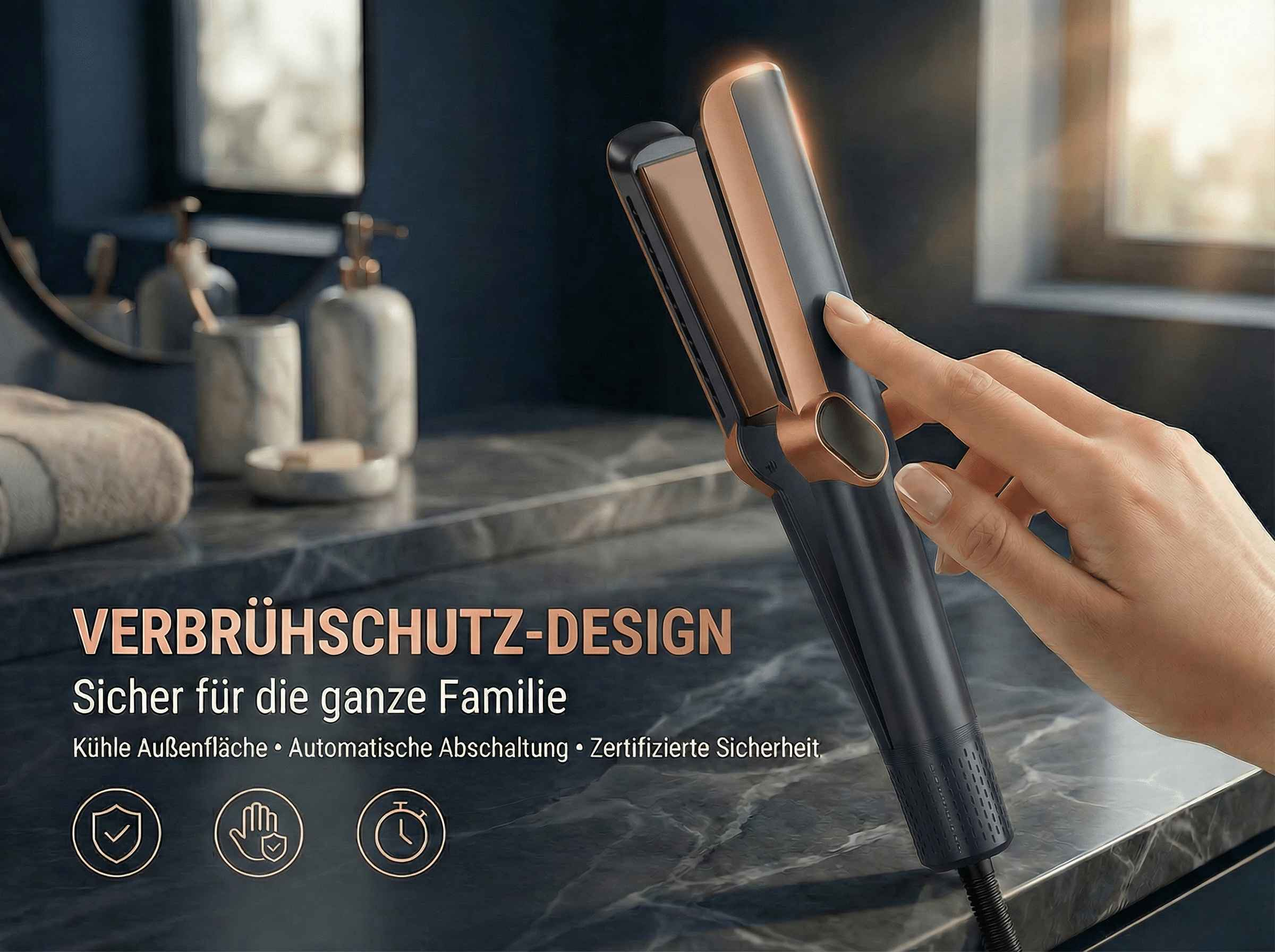 Hand bedient einen schwarzen und goldenen Glätteisen im Badezimmer.