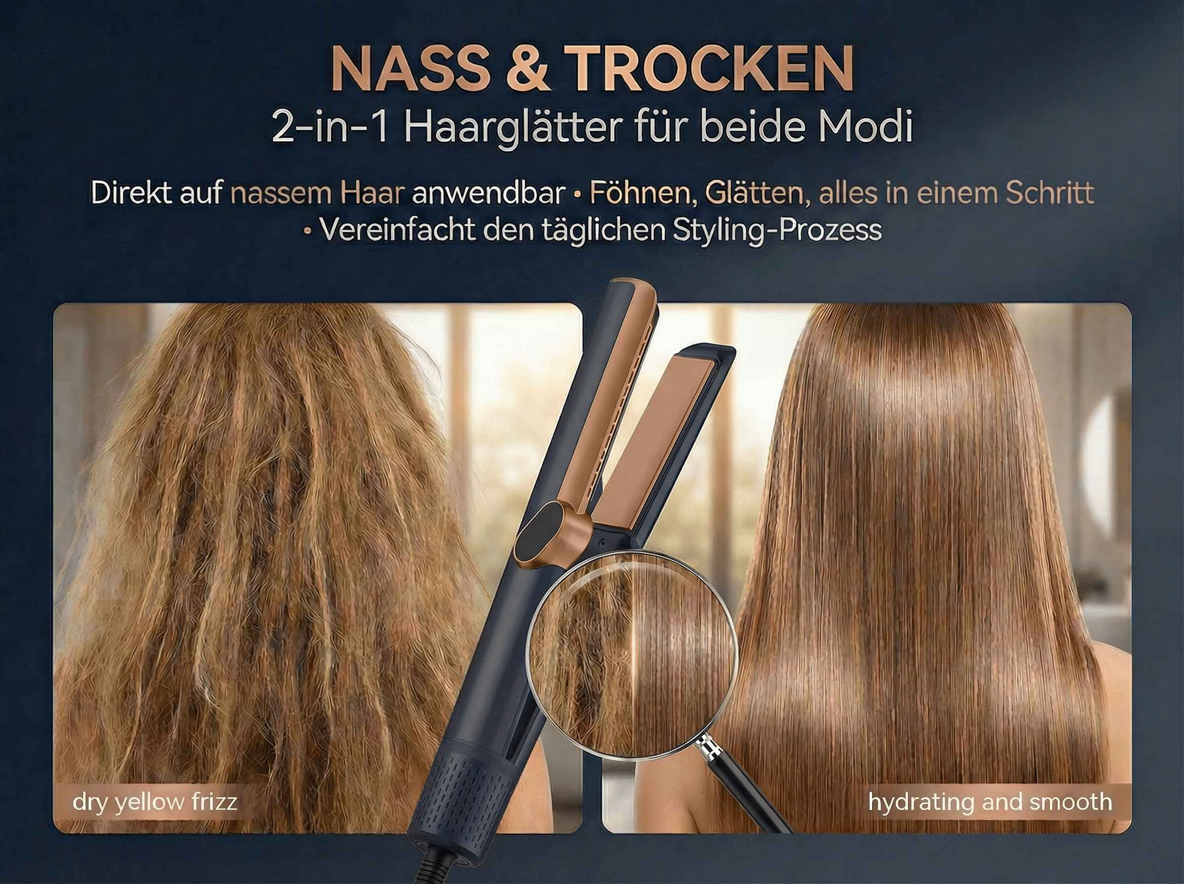 Ein Glätteisen zeigt nasses, krauses Haar links und glattes Haar rechts.