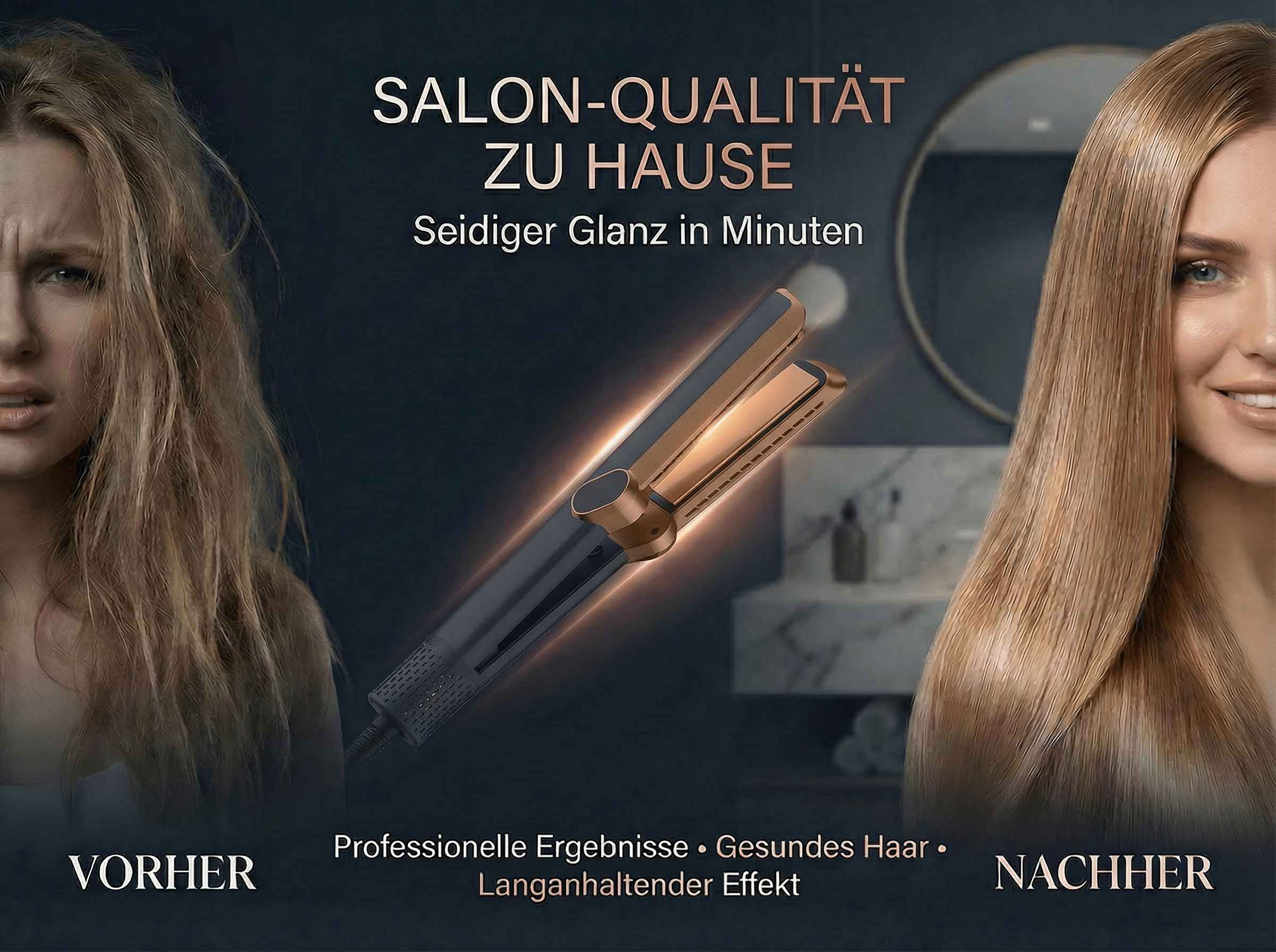 Vorher-Nachher-Vergleich: Krausiges Haar wird glatt und glänzend mit einem Glätteisen.