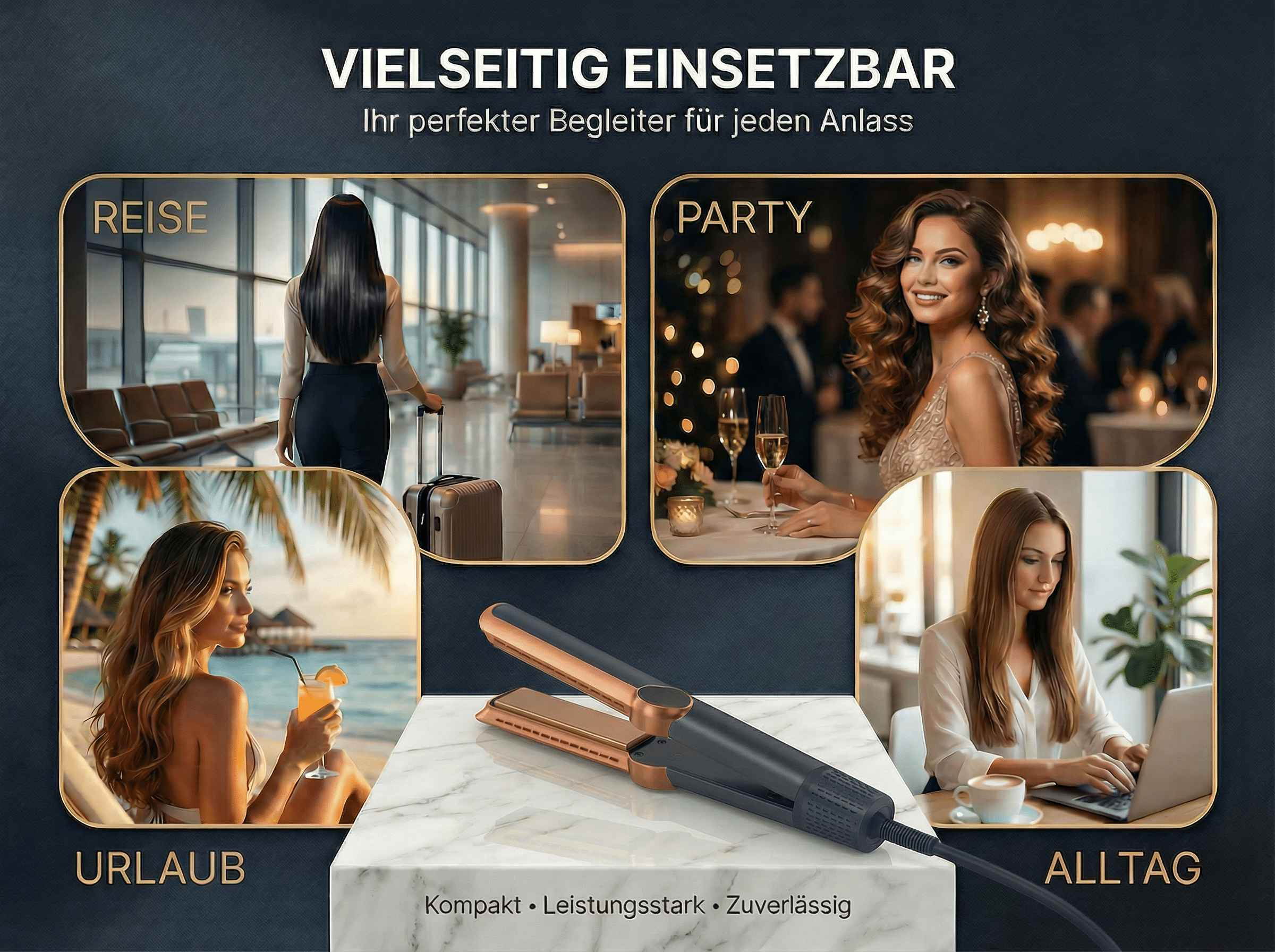Vier Szenen: Reise, Party, Urlaub, Alltag mit einem Haarstyling-Gerät.