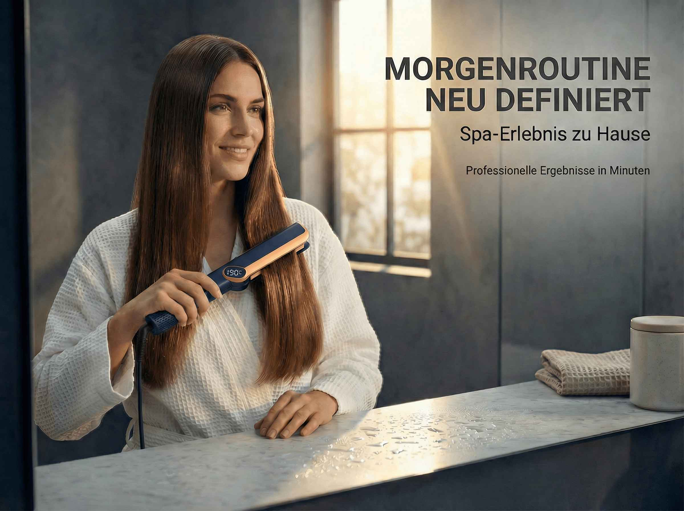 Eine Frau mit langen braunen Haaren stylt ihr Haar mit einem Glätteisen in einem modernen Badezimmer.