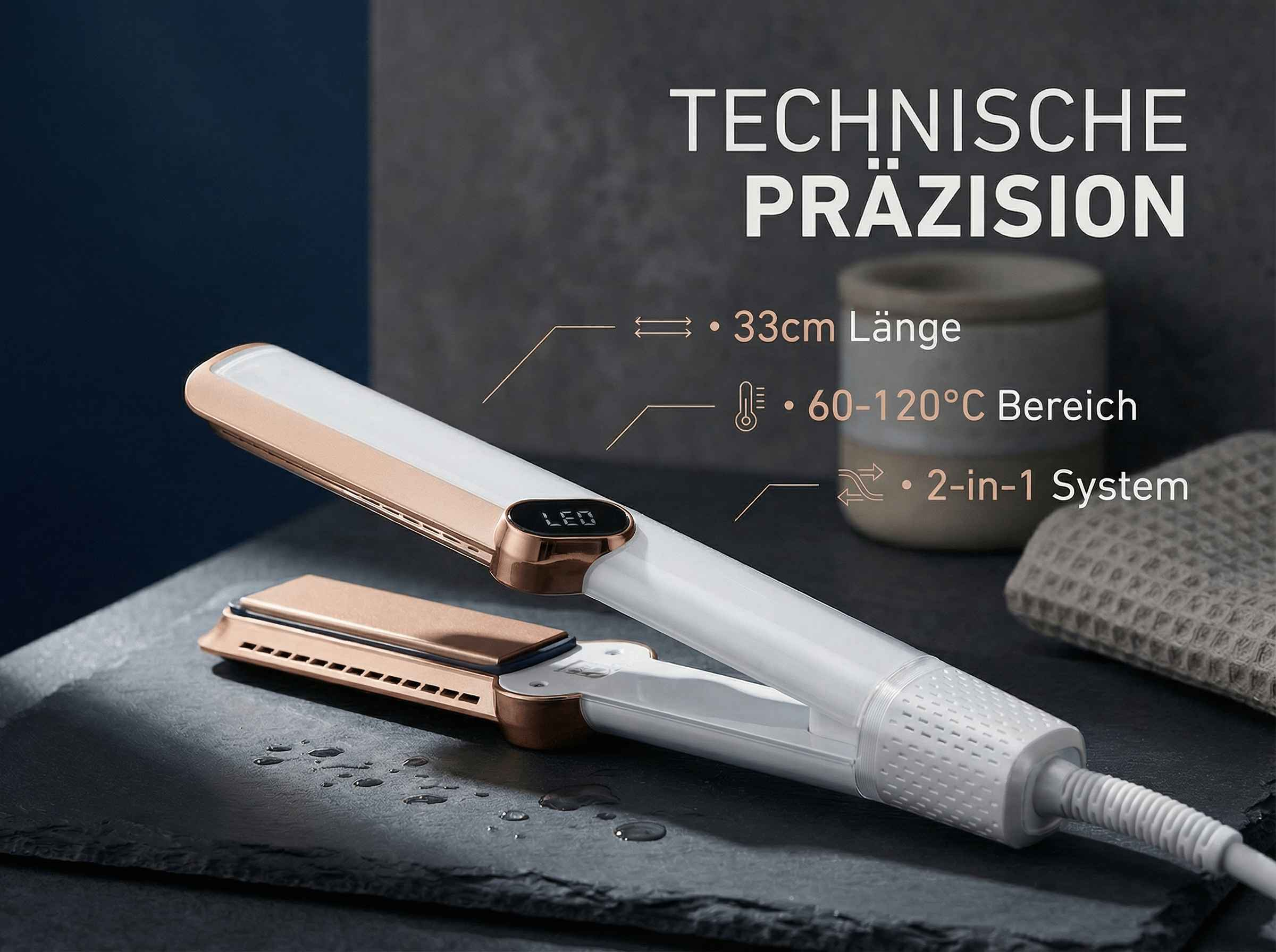 Ein weißes und goldfarbenes Glätteisen mit LED-Display und Produktmerkmalen.