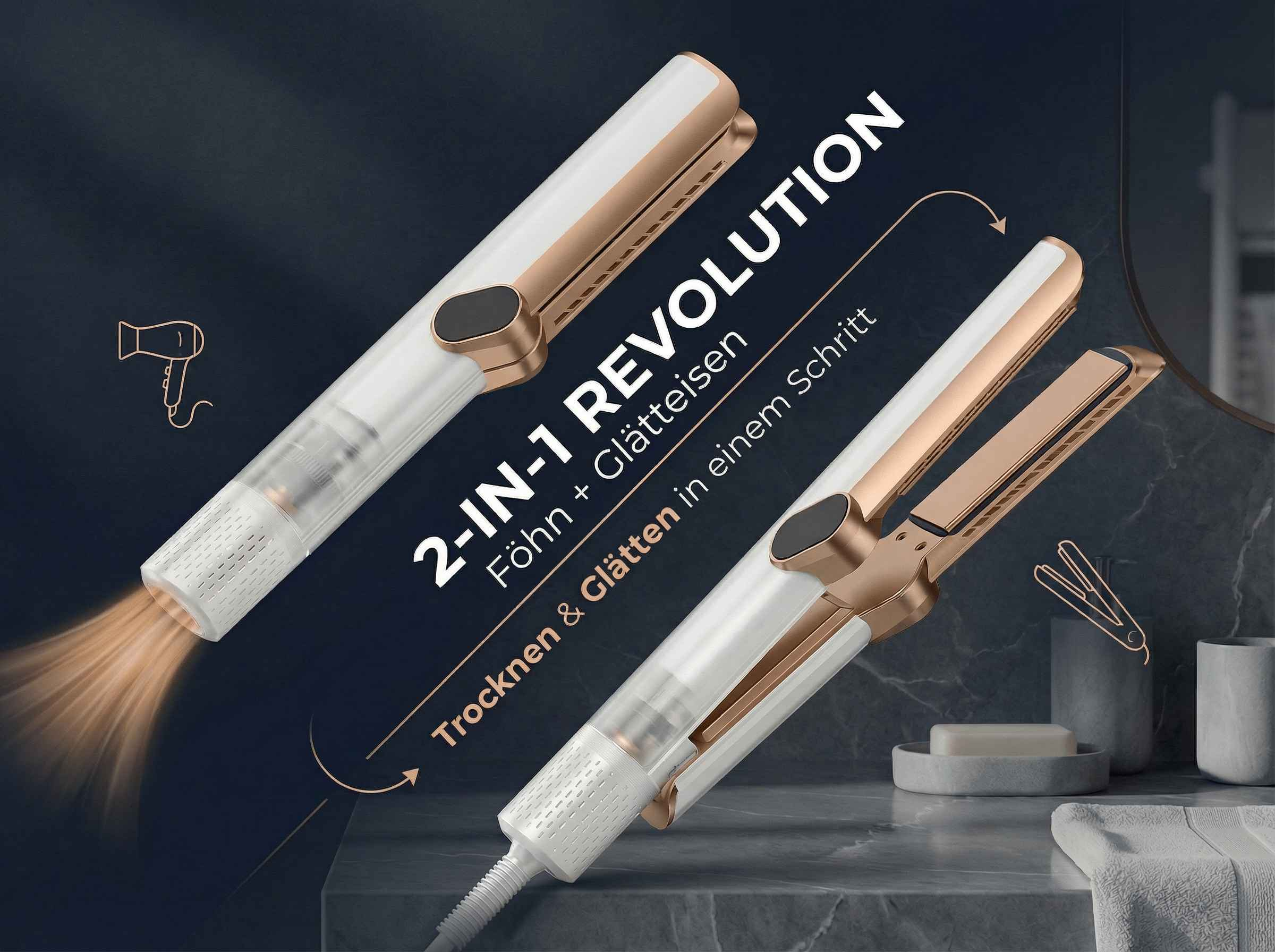 Ein 2-in-1 Haartrockner und Glätteisen in Weiß und Gold mit Luftstrom.